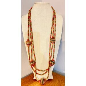 Vintage Multi Strand Wood Bead Necklace Boho Tribal Statement 42 Inch
